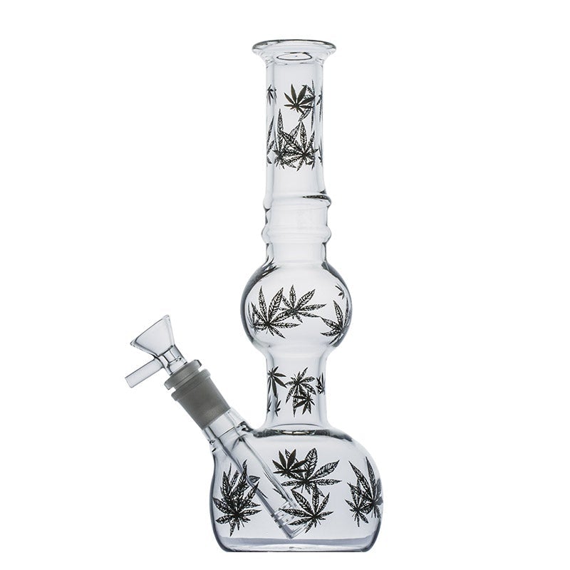 PrintedLeafDoubleBowlsGlassBong_2 11" Printed Leaf Double Bowls Glass Bong